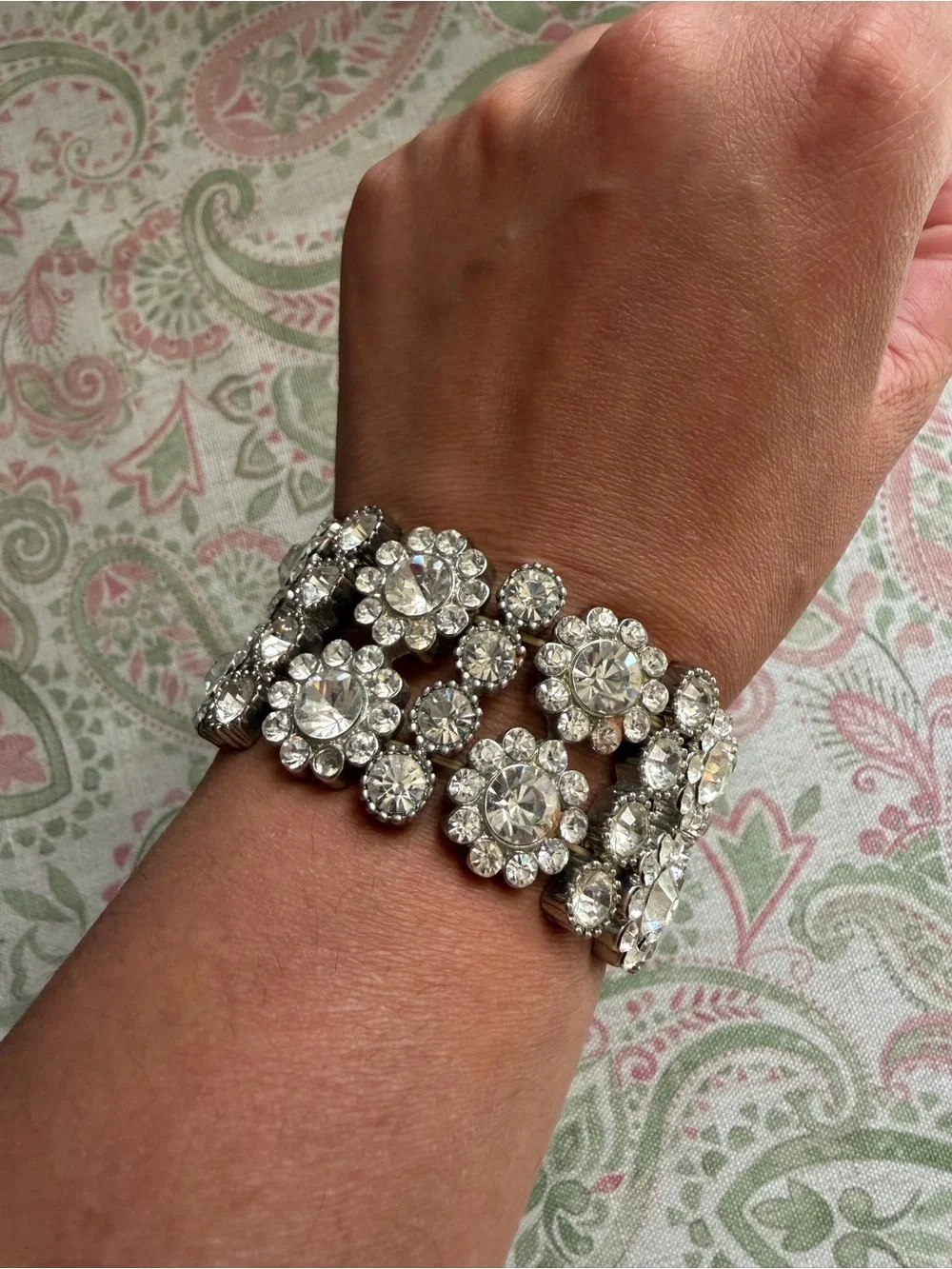 Silver-Tone Crystal Floral Stretch Statement Bracelet